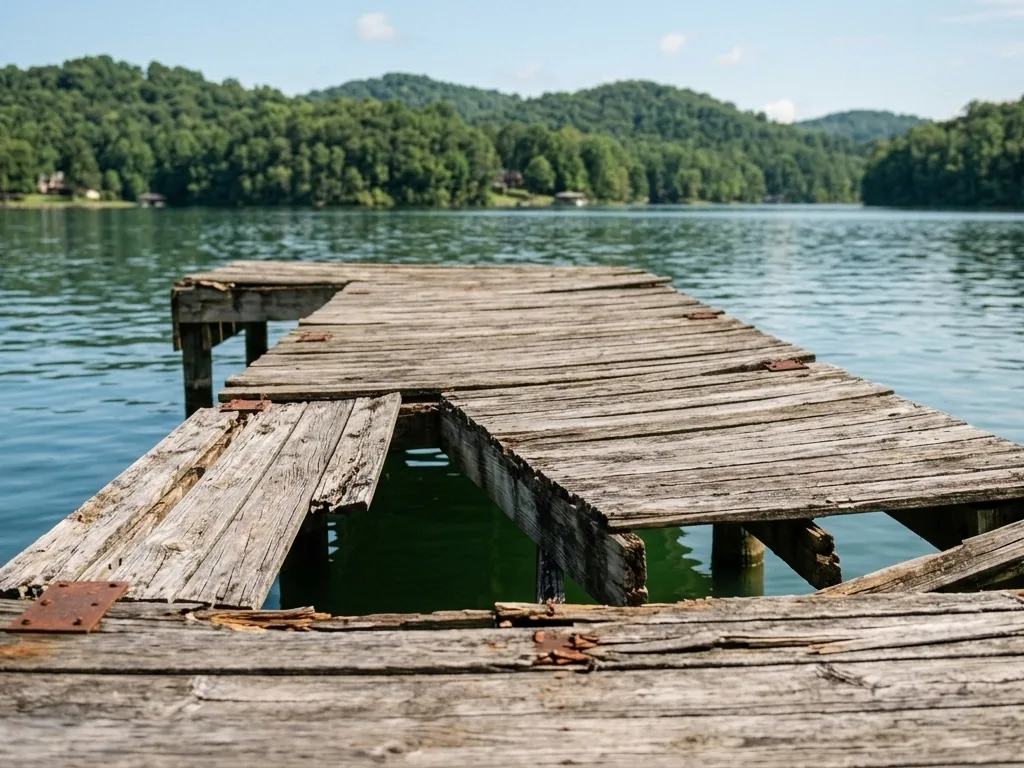 Rotten sagging wooden dock before replacement in Roane County