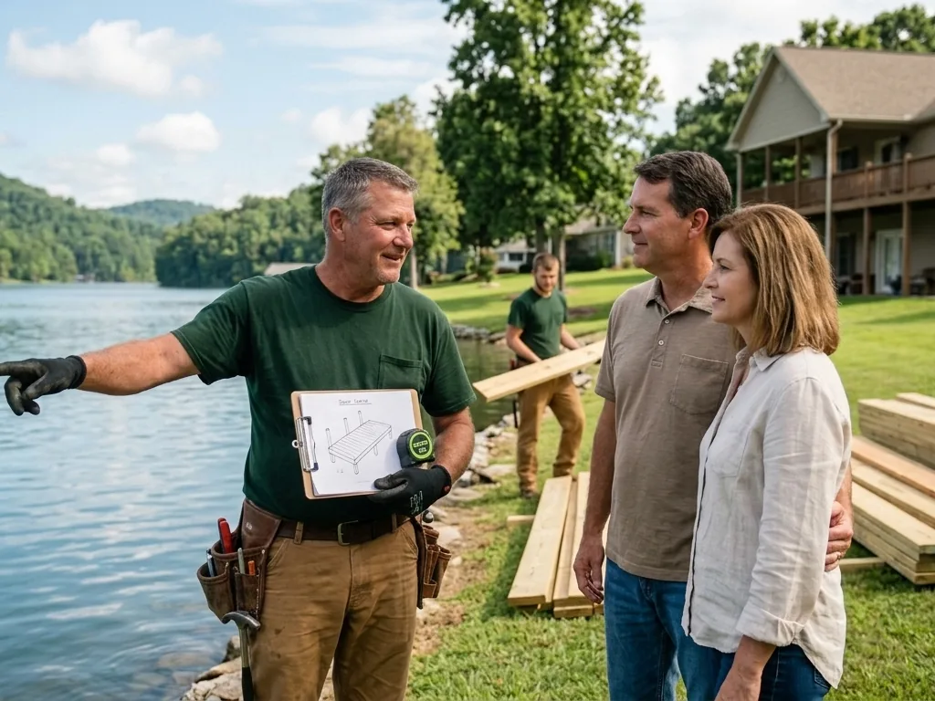 Roane Deck and Dock estimator reviewing a dock drawing with homeowners at the shoreline
