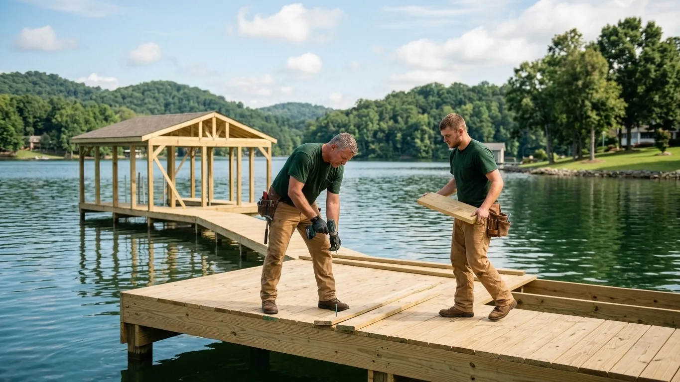 Roane Deck and Dock crew building a new wooden boat dock with a covered slip on Watts Bar Lake