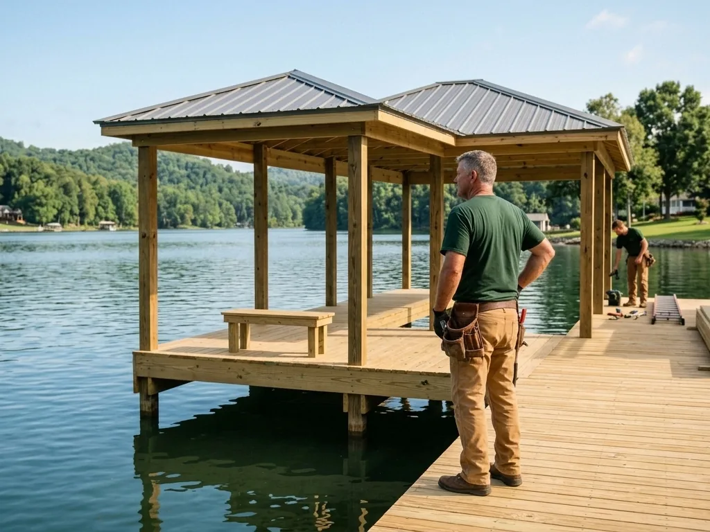 Covered wooden dock with a metal roof on a Roane County lake