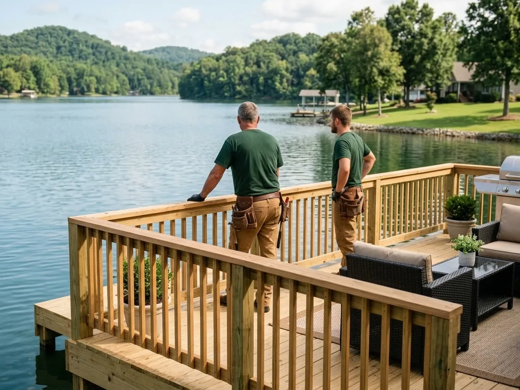 Finished cedar-railed wooden deck overlooking Watts Bar Lake in Roane County, TN
