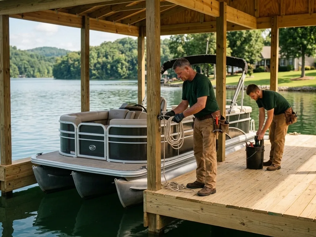 Fixed wooden boat dock with a pontoon slip on Watts Bar Lake