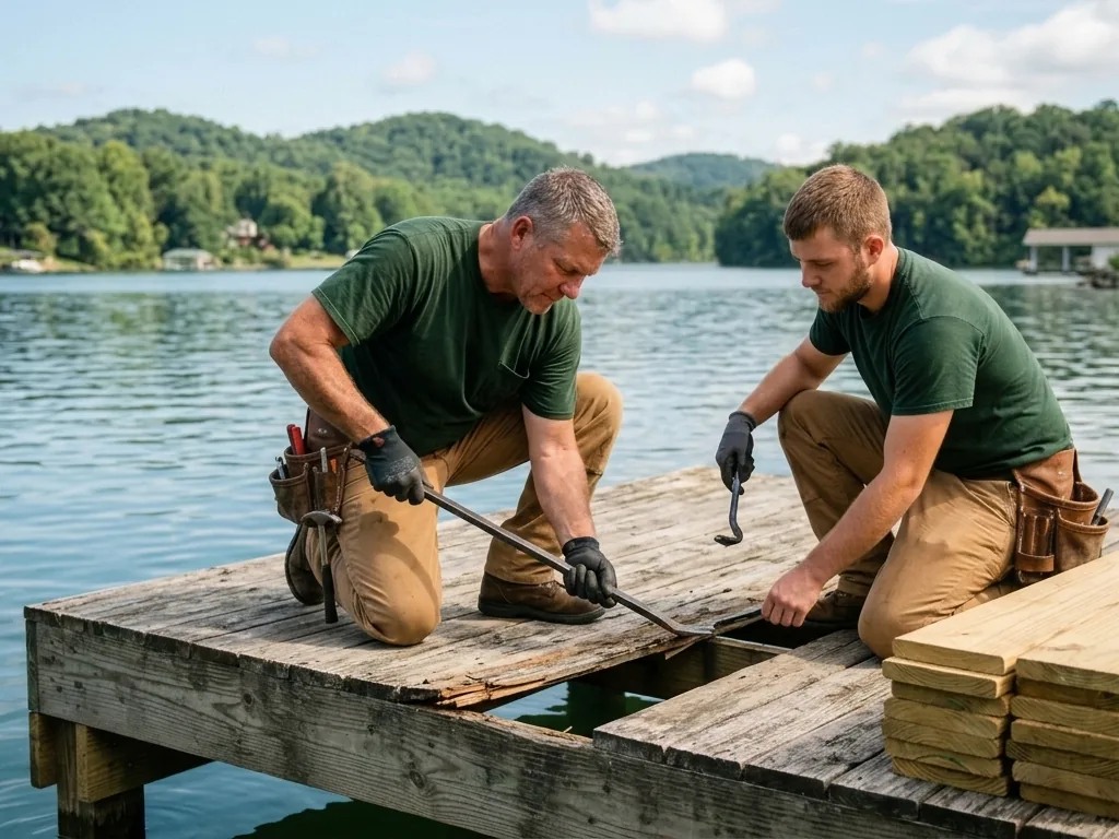 Crew replacing rotten deck boards on an older lake dock