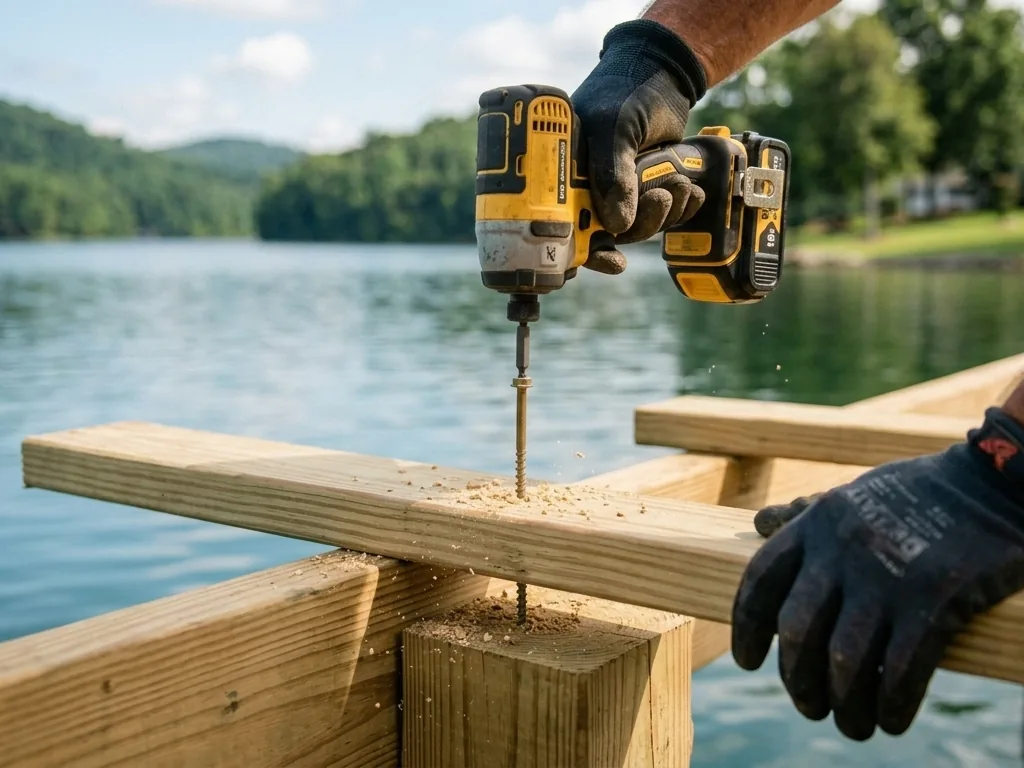 Driving a structural screw into a fresh dock joist with an impact driver