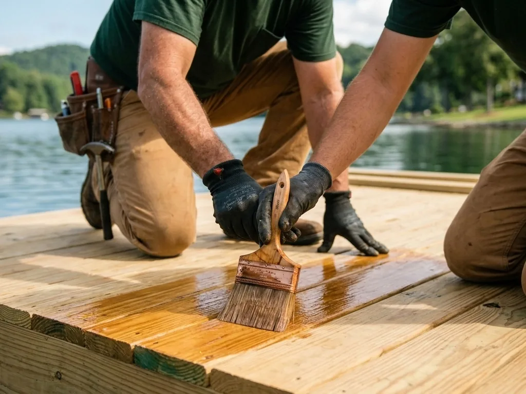 Brushing amber sealer onto new deck boards