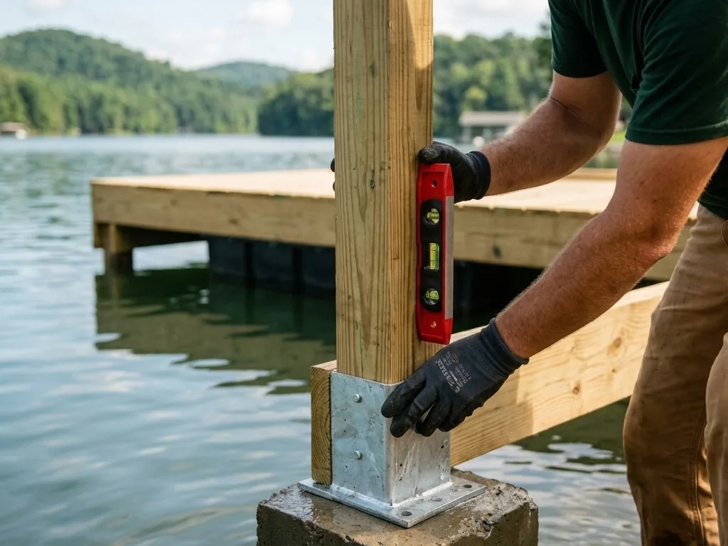 Setting a treated dock post in a galvanized bracket and checking it with a level